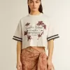 Oversized kort T-shirt voor dames in witte jersey met borduursel en ‘Venezia Mediterraneo’-print.
