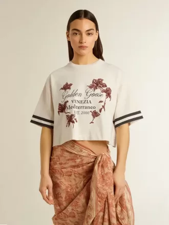 Oversized kort T-shirt voor dames in witte jersey met borduursel en ‘Venezia Mediterraneo’-print.
