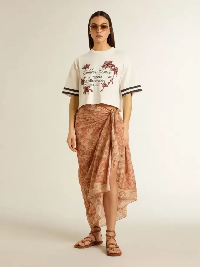 Oversized kort T-shirt voor dames in witte jersey met borduursel en ‘Venezia Mediterraneo’-print.