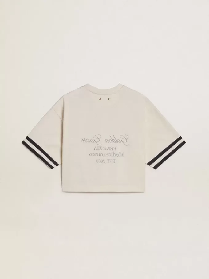 Oversized kort T-shirt voor dames in witte jersey met borduursel en ‘Venezia Mediterraneo’-print.