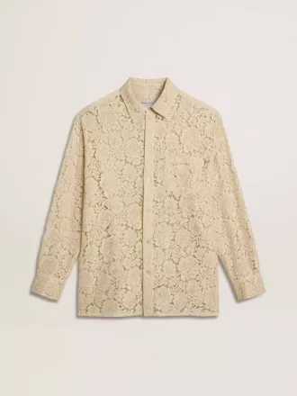 Oversized shirt in crèmekleurig doorschijnend kant