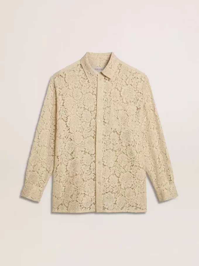Oversized shirt in crèmekleurig doorschijnend kant