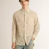 Oversized shirt in crèmekleurig doorschijnend kant