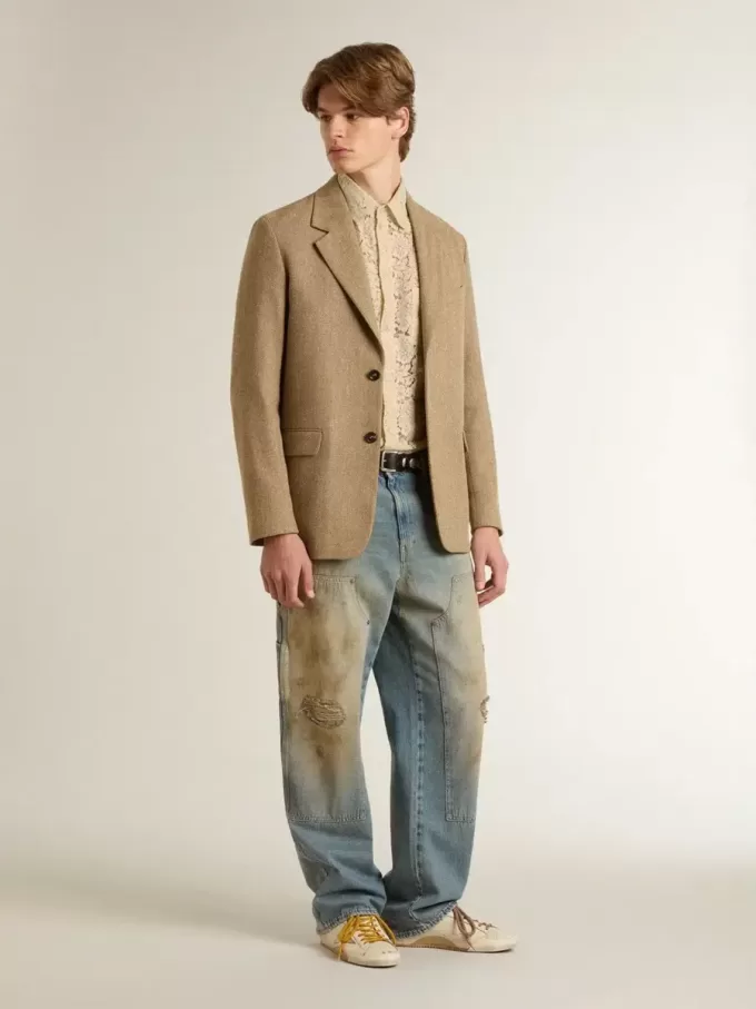 Oversized shirt in crèmekleurig doorschijnend kant