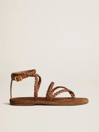 Penelope platte sandalen voor dames in tabaksleer met suède zool