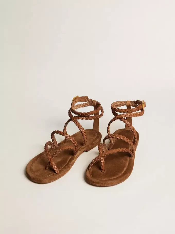 Penelope platte sandalen voor dames in tabaksleer met suède zool