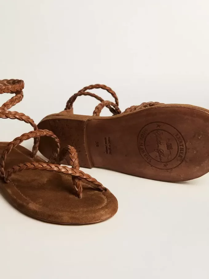 Penelope platte sandalen voor dames in tabaksleer met suède zool