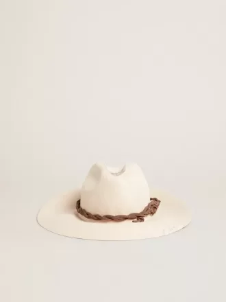 Pergamentkleurige fedora-hoed met leren band