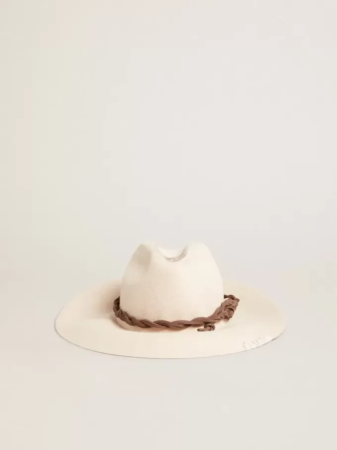 Pergamentkleurige fedora-hoed met leren band