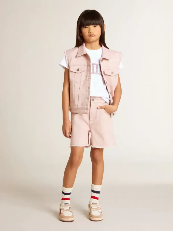 Roze katoenen korte broek voor meisjes met borduursel