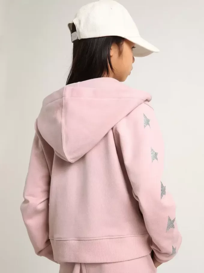 Roze sweatshirt met capuchon en zilveren glittersterren