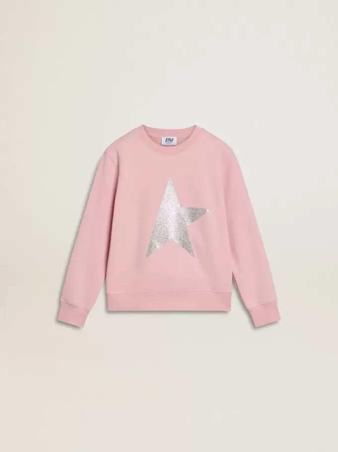 Roze sweatshirt met grote ster in zilveren glitter op de voorkant