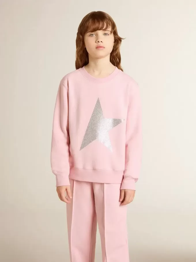Roze sweatshirt met grote ster in zilveren glitter op de voorkant