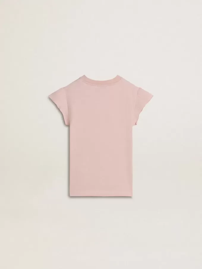 Roze T-shirt voor meisjes met ruches aan de mouwen en borduursels