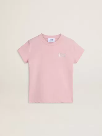 Roze T-shirt voor meisjes met zilveren glitterlogo en grote ster