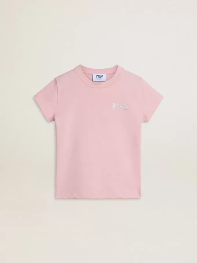 Roze T-shirt voor meisjes met zilveren glitterlogo en grote ster