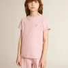 Roze T-shirt voor meisjes met zilveren glitterlogo en grote ster