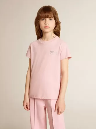 Roze T-shirt voor meisjes met zilveren glitterlogo en grote ster