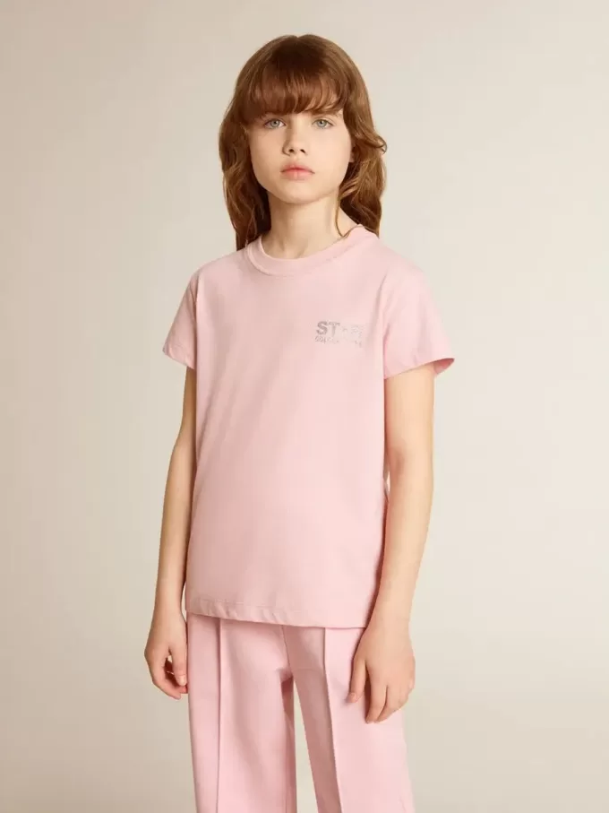 Roze T-shirt voor meisjes met zilveren glitterlogo en grote ster