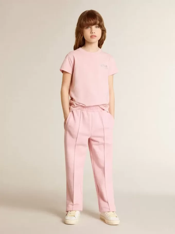 Roze T-shirt voor meisjes met zilveren glitterlogo en grote ster