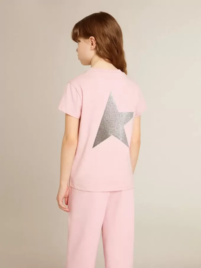 Roze T-shirt voor meisjes met zilveren glitterlogo en grote ster