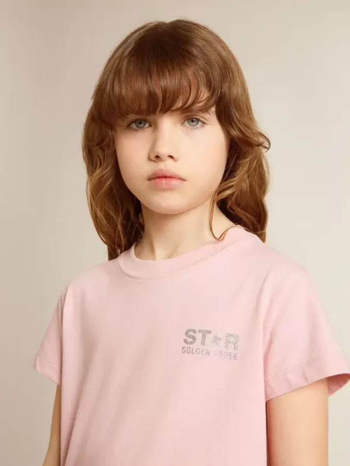 Roze T-shirt voor meisjes met zilveren glitterlogo en grote ster