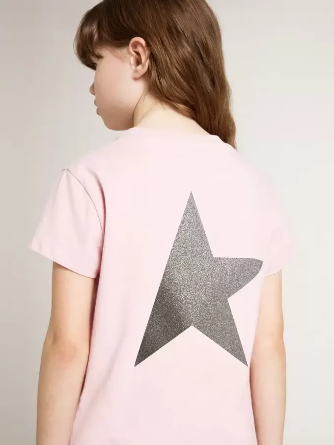 Roze T-shirt voor meisjes met zilveren glitterlogo en grote ster