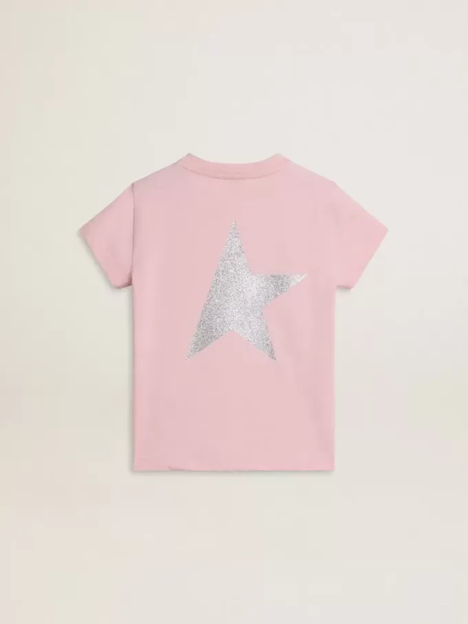 Roze T-shirt voor meisjes met zilveren glitterlogo en grote ster