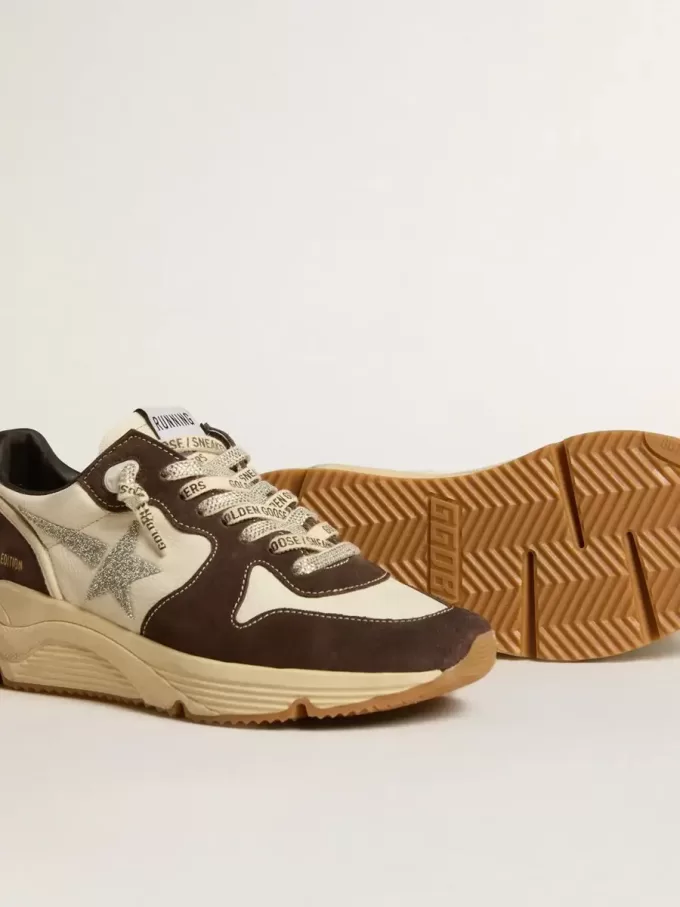 Running Sole LTD voor dames in nappa en bruin suède met een Swarovski-kristallen ster