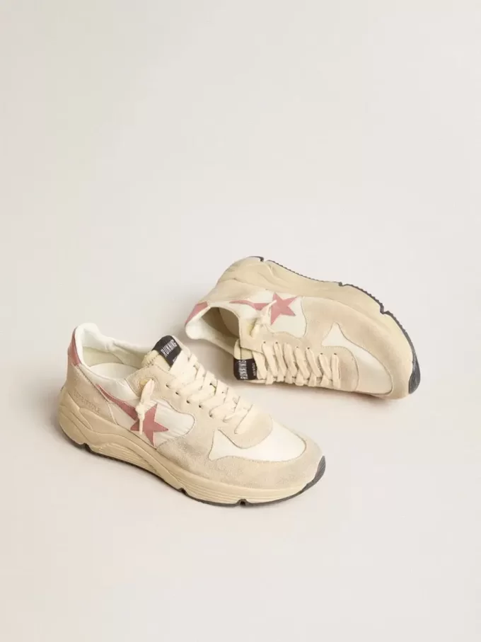 Running Sole voor dames in beige nylon met roze leren ster en hielstuk