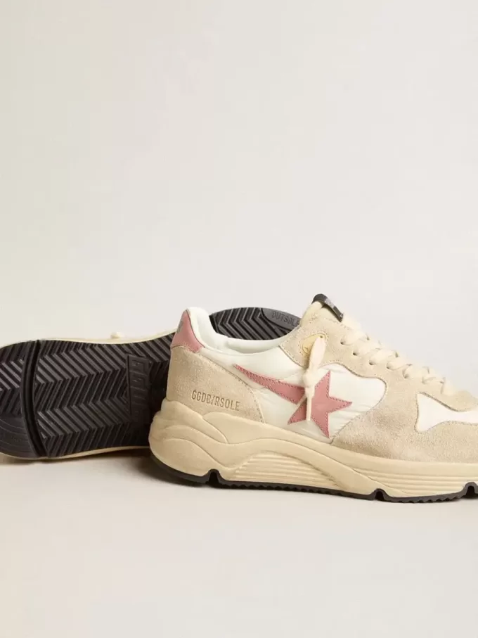 Running Sole voor dames in beige nylon met roze leren ster en hielstuk