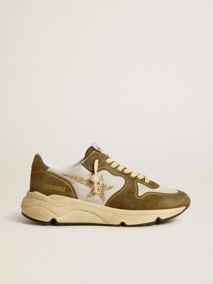 Running Sole voor dames in bruin suède en mesh met gouden glitterster