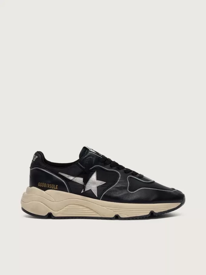 Running Sole voor dames in zwart nappaleer en nylon met een zilveren leren ster
