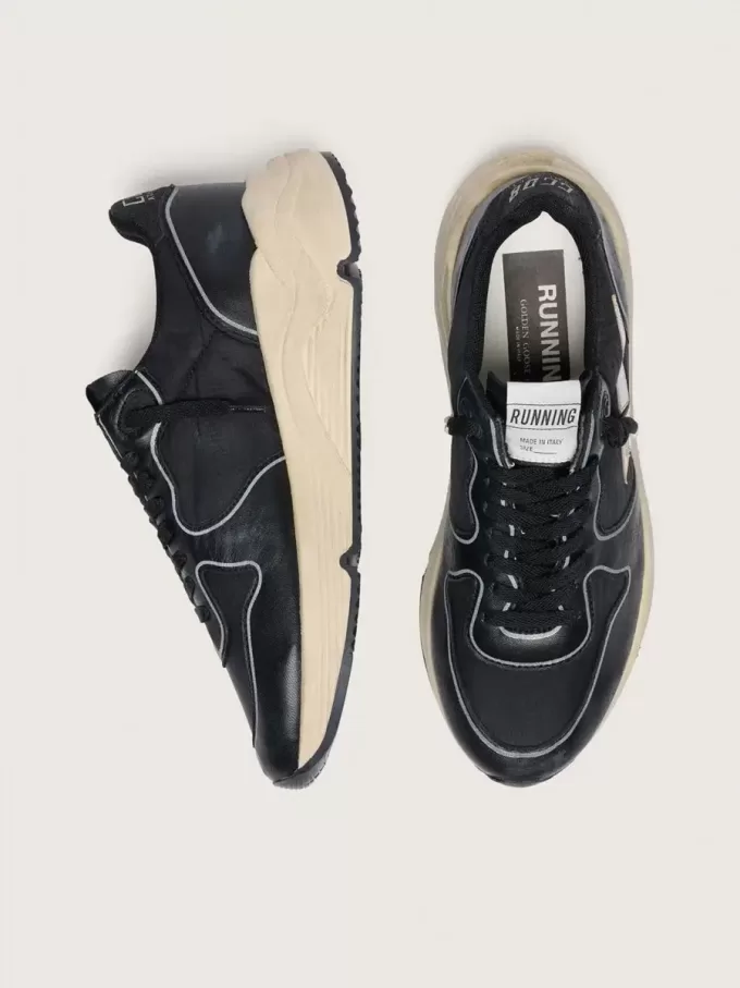 Running Sole voor dames in zwart nappaleer en nylon met een zilveren leren ster