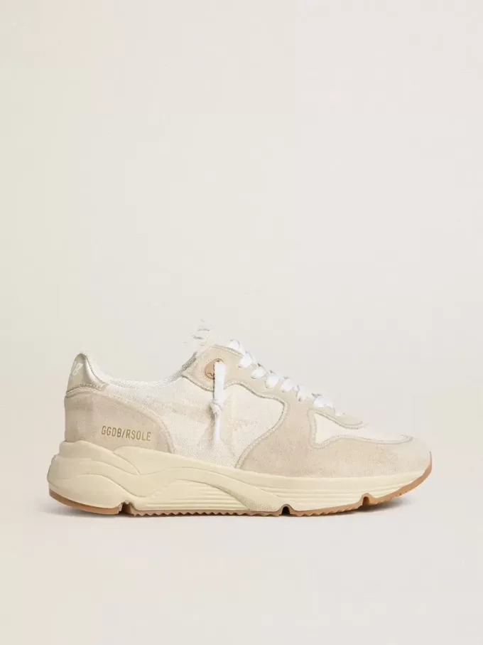 Running Sole voor dames van canvas met beige ster en platina metallic leren hielstuk