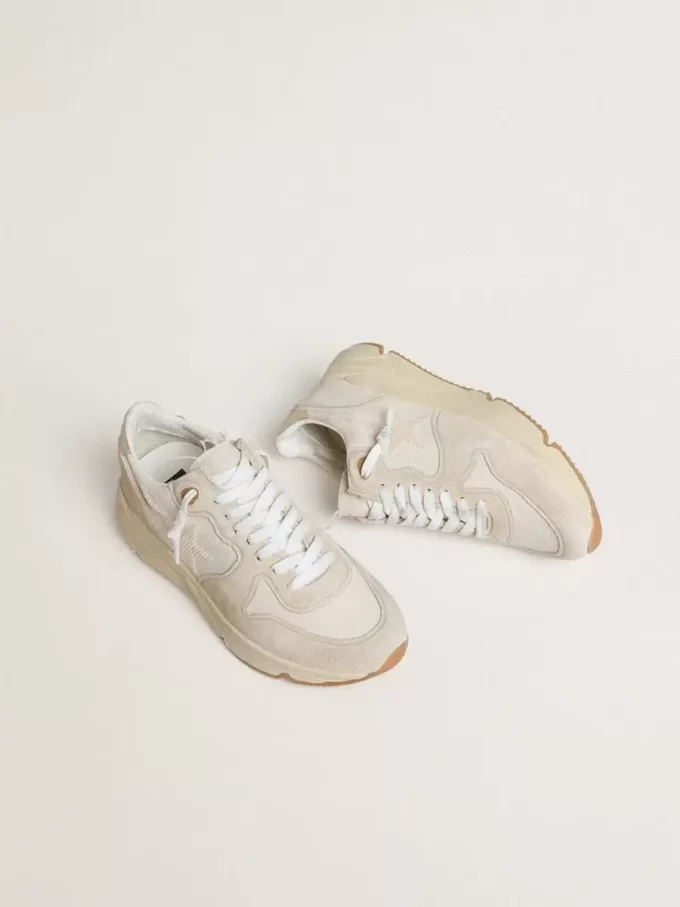 Running Sole voor dames van canvas met beige ster en platina metallic leren hielstuk