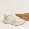 Running Sole voor dames van canvas met beige ster en platina metallic leren hielstuk