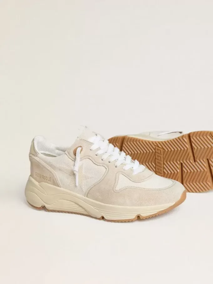 Running Sole voor dames van canvas met beige ster en platina metallic leren hielstuk