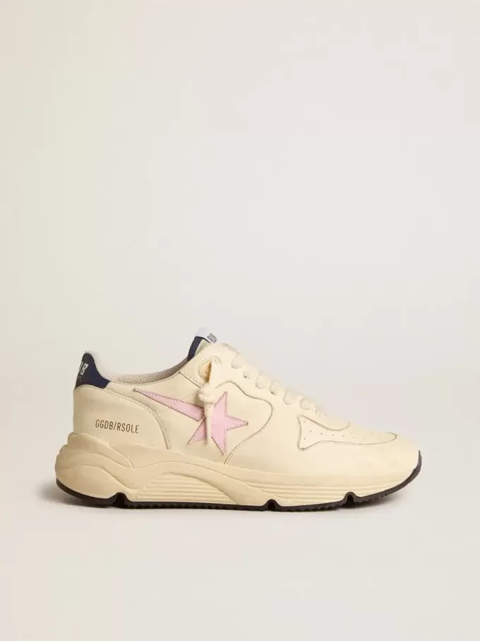 Running Sole voor dames van nappaleer met roze leren ster en blauwe leren hielband.