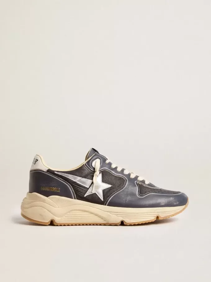 Running Sole voor heren in donkerblauw nappaleer en zwart nylon met een zilveren ster
