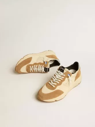Running Sole voor heren van ivoorkleurig nylon en tabakskleurig suède