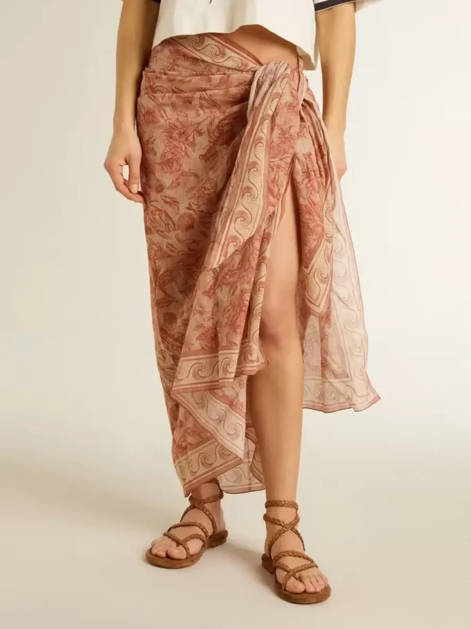 Sarong van katoenen voile met all-over print in wit en baksteenrood
