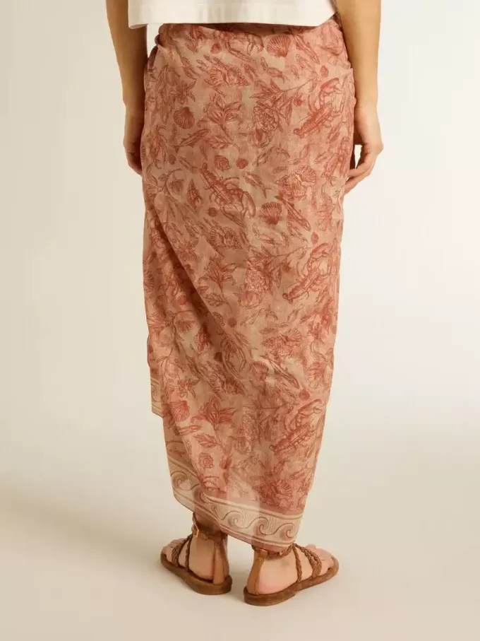 Sarong van katoenen voile met all-over print in wit en baksteenrood