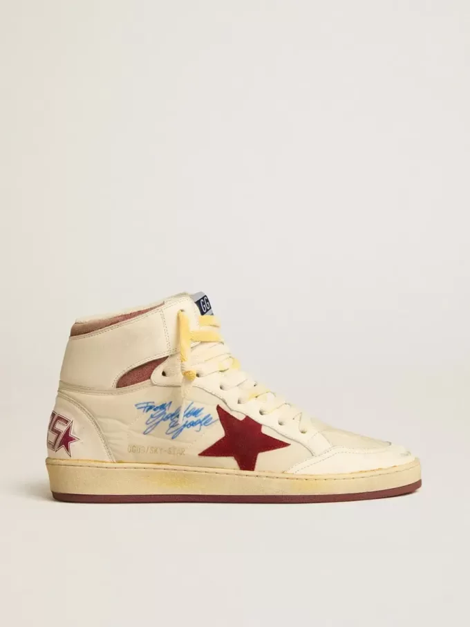Sky-Star in beige nylon en nappa met granaatappelkleurige suède ster
