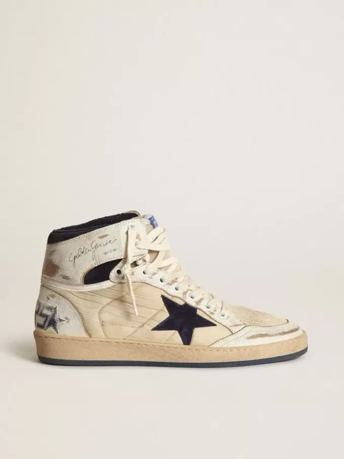 Sky-Star voor heren in crèmekleurig nylon en leer met blauwe suède ster