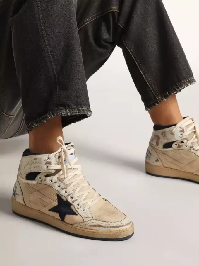 Sky-Star voor heren in crèmekleurig nylon en leer met blauwe suède ster