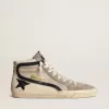 Slide in beige mesh en nylon met blauwe leren ster en flash