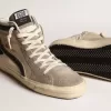 Slide in beige mesh en nylon met blauwe leren ster en flash