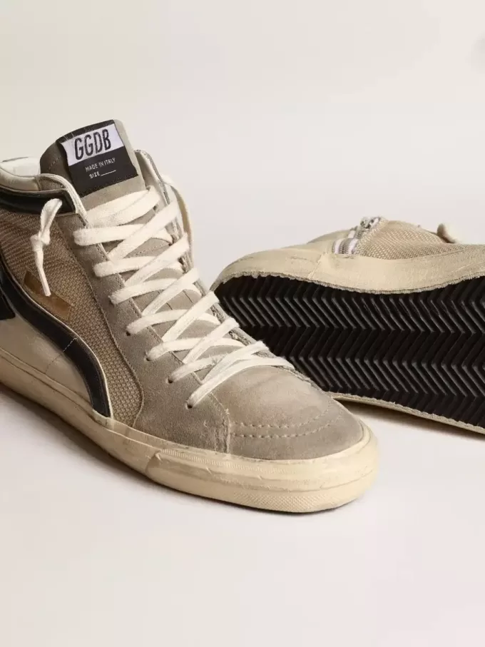 Slide in beige mesh en nylon met blauwe leren ster en flash