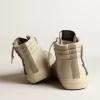 Slide in beige mesh en nylon met blauwe leren ster en flash